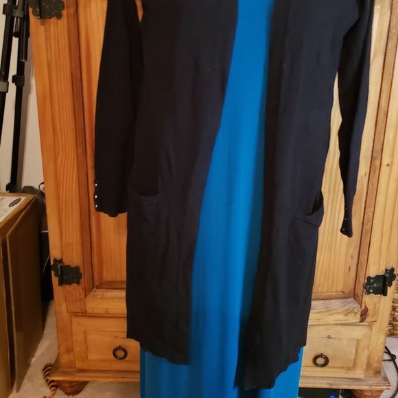 White House Black Market MED Black Open Front Sweater Cardigan long slee… - Picture 2 of 6